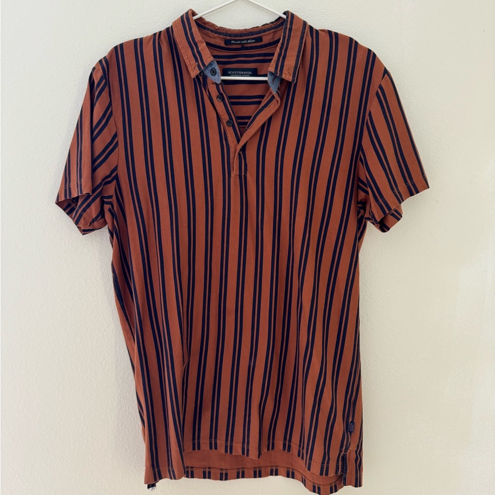 Scotch & Soda striped polo shirt size Medium in orange and navy